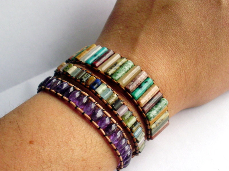 Leather wrap bracelet - tiny rainbow mixed stone with button closure