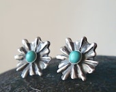 Earrings Flower Studs with Turquoise 4mm cabochon oxidized sterling silver Gift for Her Jewelry  anniversary present girl women mother's da