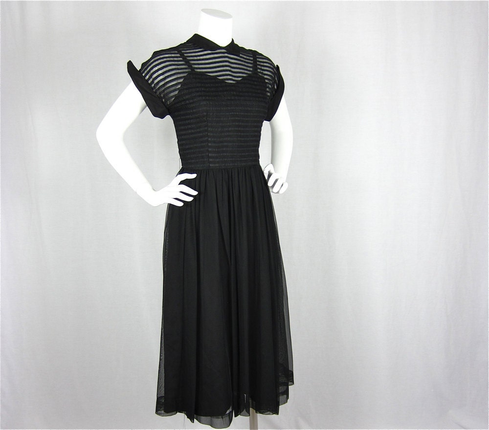 25% off Storewide Sale  //  Vintage 1950s Little Black Party Dress, Illusion Neckline, Sz M