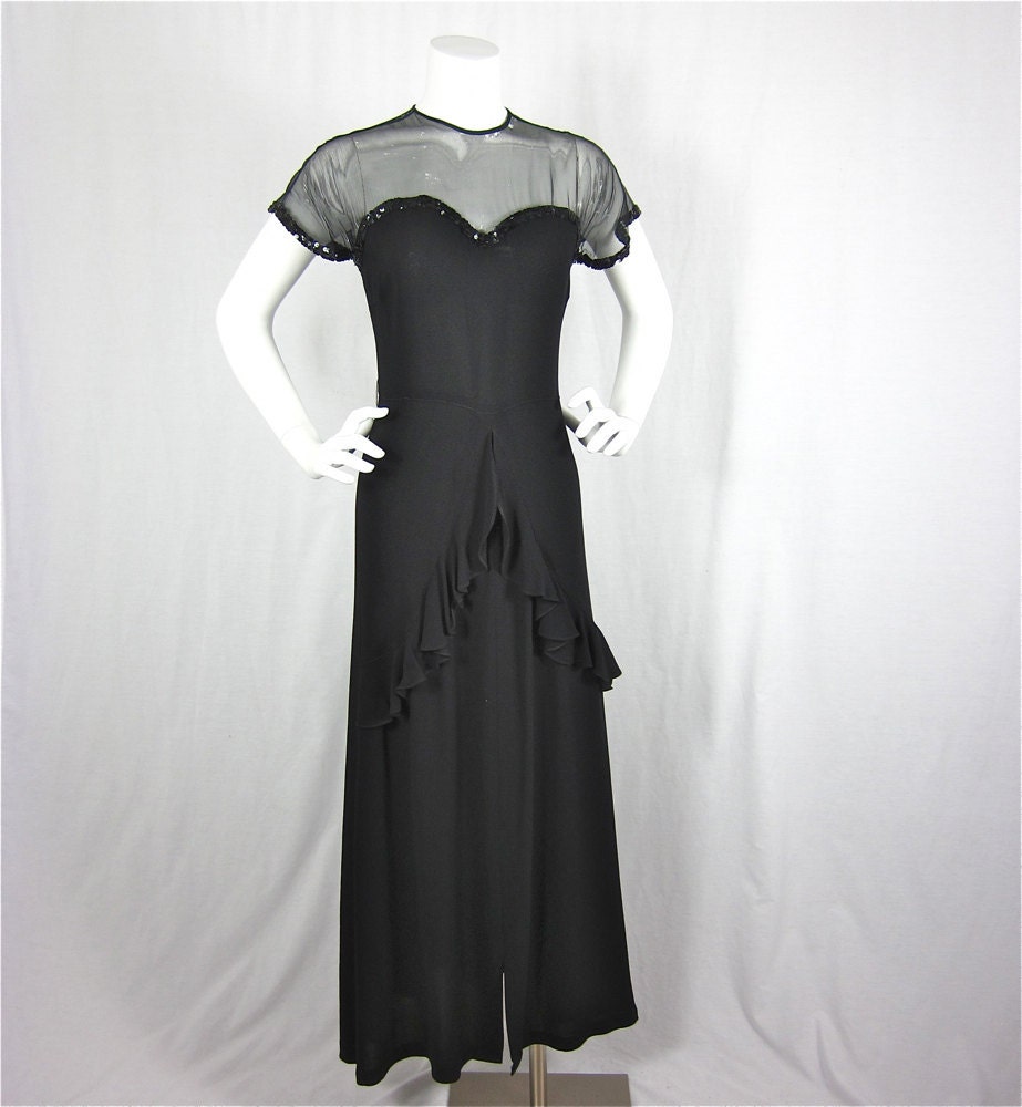 25% Off Storewide Sale // Vintage 1940s Old Hollywood Black Illusion Neckline Gown, Sz S, M