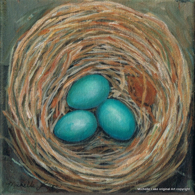 Choose how many Eggs in your Robins Nest Egg Painting  6 x 6 Acrylic on canvas
