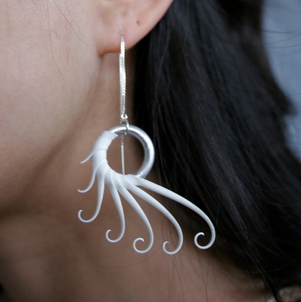 White Plume Earrings with soft spikes on sterling thread chains