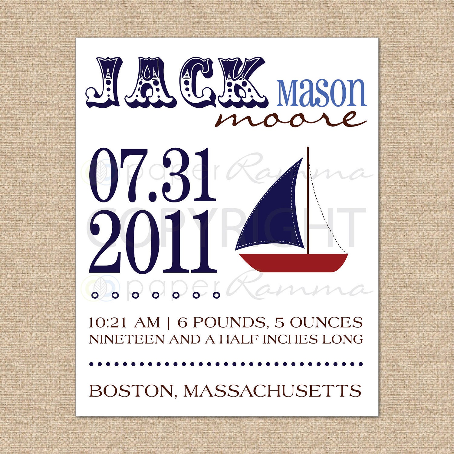Personalized Birth Announcement Art Print, Style: Boat, matches PBK Owen Nursery Bedding Set - 8 x 10