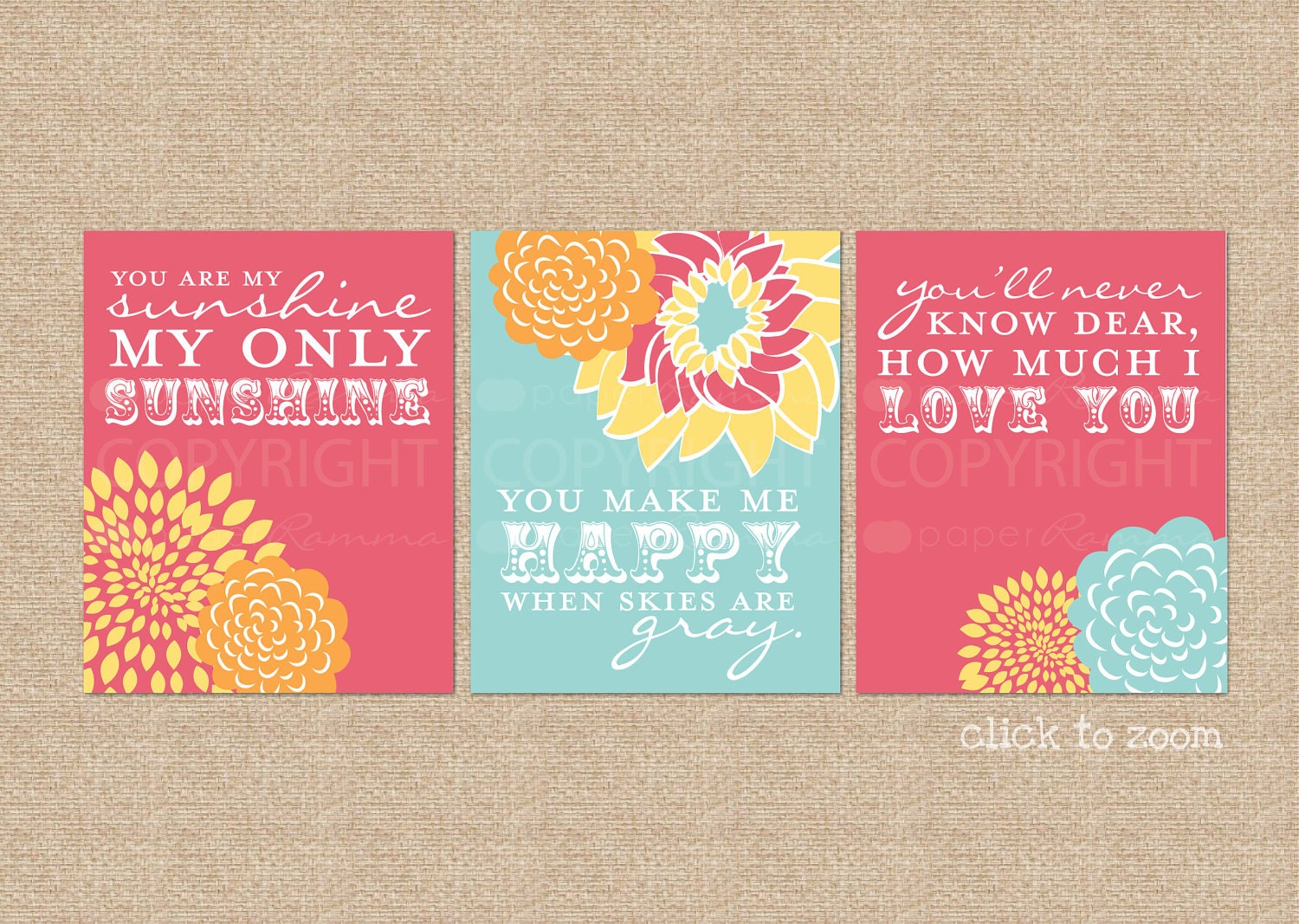 You are My Sunshine Nursery / Kids Room Art Prints, 3 Print Set, Custom match colors to your nursery/room, Style: Blooms & Sunshine - 8 x 10