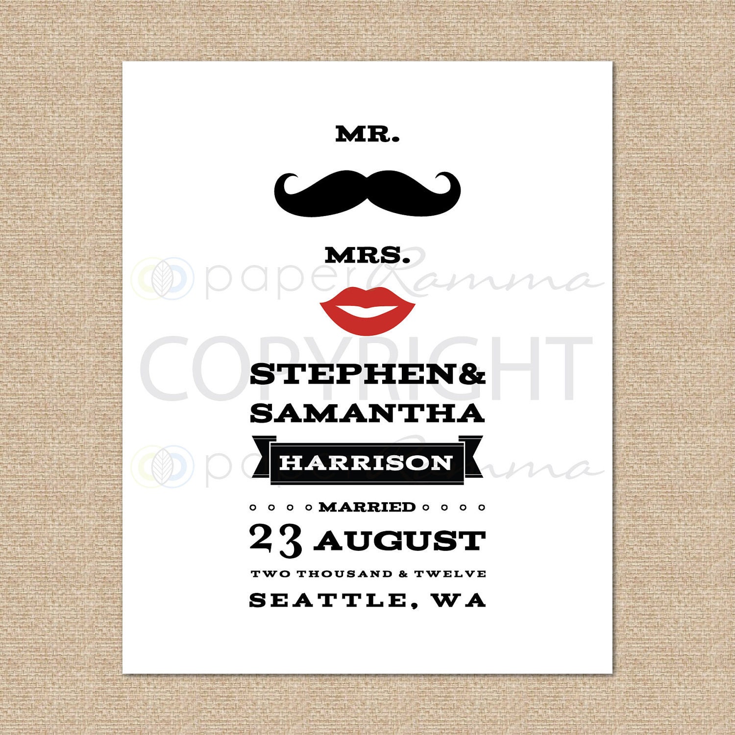 Mr Mustache and Mrs Lipstick Personalized Wedding Keepsake Giclée Art Print, 8x10