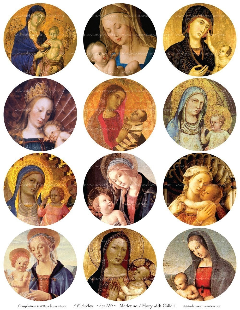 2.6 Inch Circles - Mary, Madonna, Child 1 - Digital Collage Sheet 359 - Printable Download