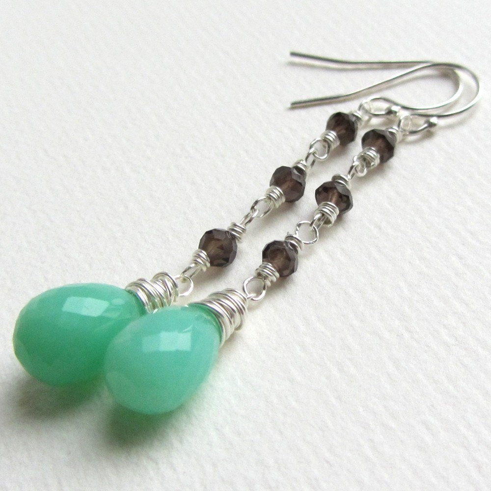 Mint Green Chrysoprase and Smoky Quartz Dangle Earrings