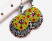 Earrings Boheme Lime & Hyacinth,chandelier earring,dangle,polymer clay,metal,rhinestone,handmodelled,colorful,ethnic,chic,hippy