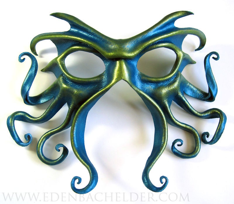Cthulhu leather mask, hand-painted in metallic turquoise and green-gold
