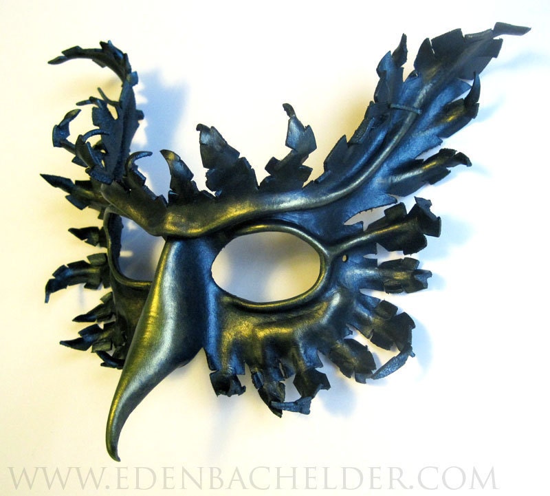 Griffin leather mask, hand-painted in metallic blue-green and green-gold, gryphon