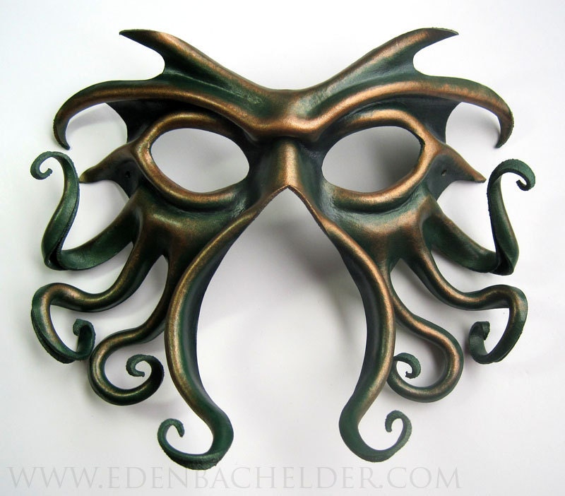 Cthulhu leather mask, hand-painted in green and antique gold