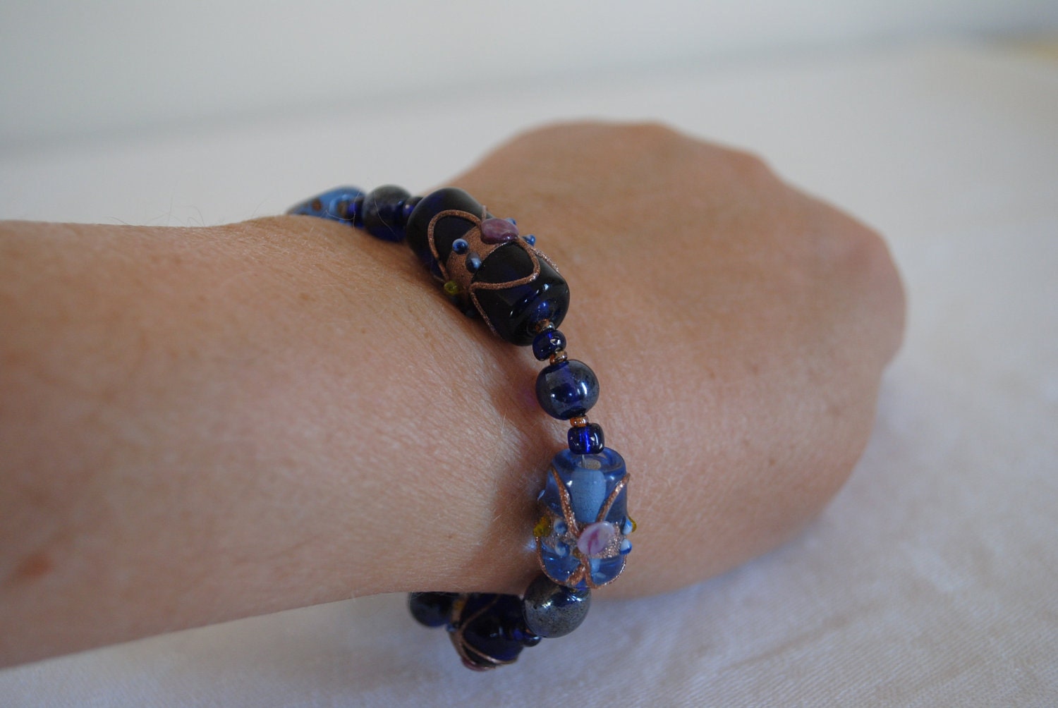Handmade Glass Bead Bracelet  Lampwork Cobalt Blue