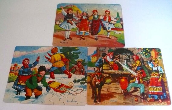 Vintage Jigsaw Puzzle 1940's All Nations Set of Three Children Greece Italy Russia