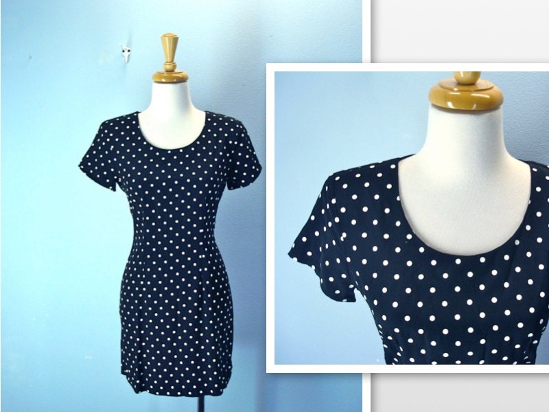 Black Polka Dot Dress / 1980s Fitted Dotted Mini Dress / small