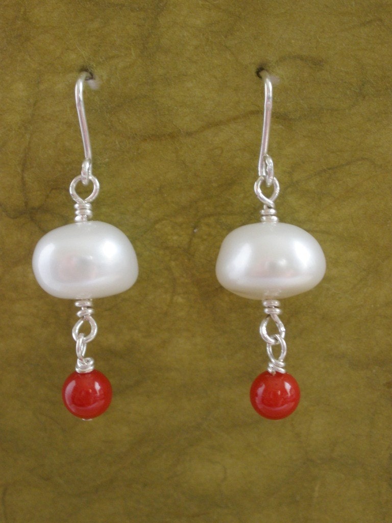 Pearl with Red Coral Jellyfish Drop Earrings