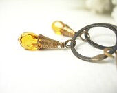 Topaz earrings swarovski crystals brass hoops wire wrapped autumn fashion - pamelasjewelry