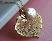 Real Aspen Leaf Necklace, Custom Birthstone or Pearl, Bridesmaid Gifts, real leaf necklace, leaf jewelry