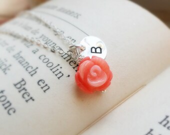 Coral necklace, pink rose necklace with initial tag charm, silver initial necklace, minimal jewelry, delicate gold necklace, coral jewelry