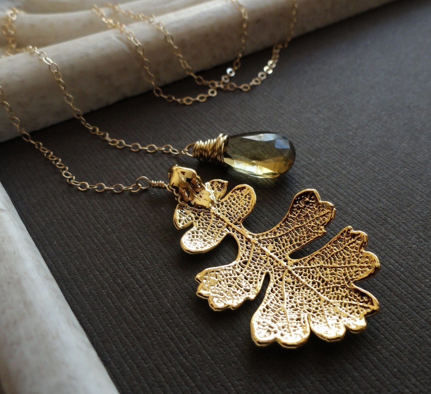 Autumn Wedding, Gold Oak Leaf & Gemstone Necklace, November birthstone, Whiskey Topaz, Bridesmaid gift, Bridal jewelry