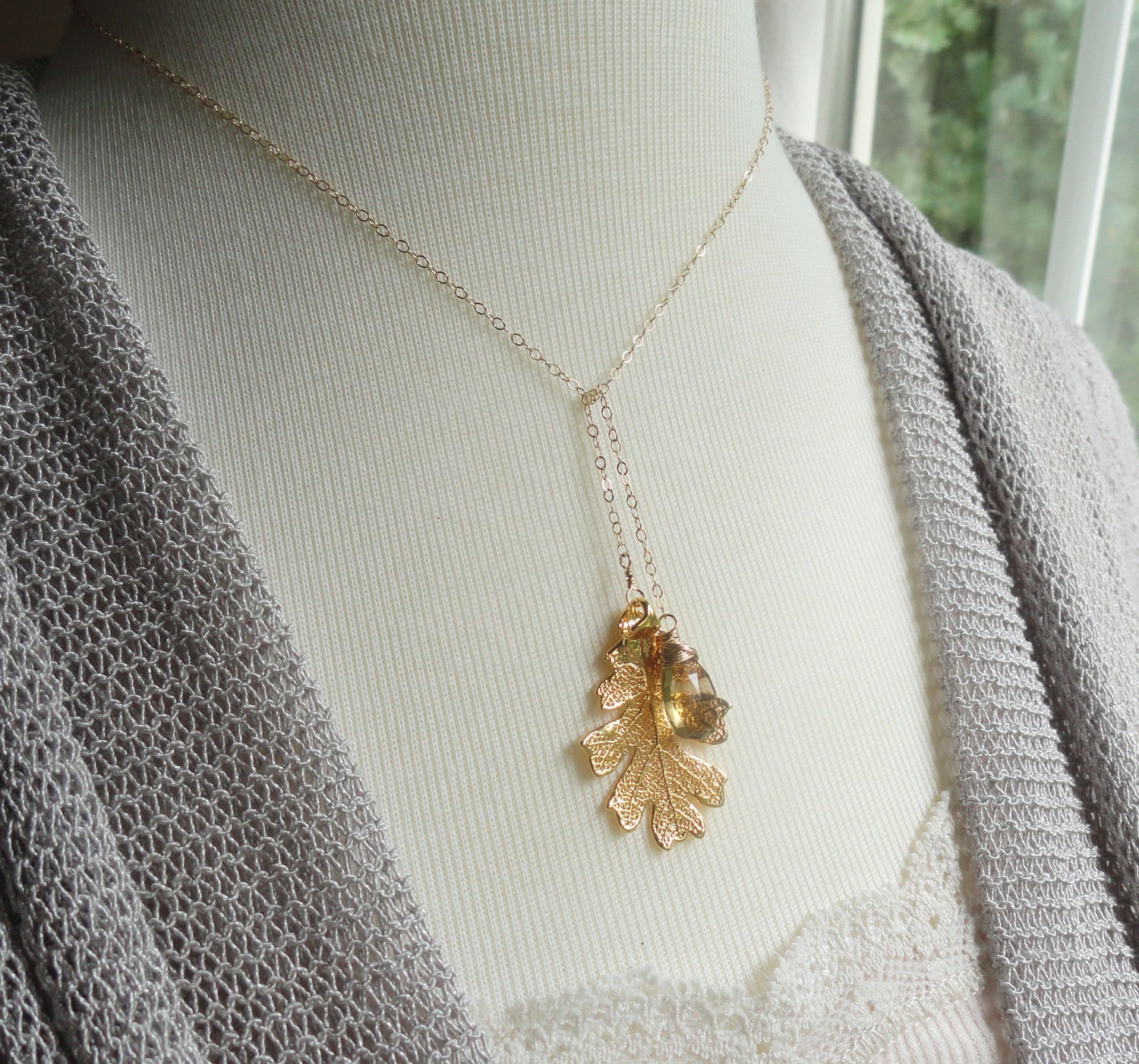 Autumn Wedding, Gold Oak Leaf & Gemstone Necklace, November birthstone, Whiskey Topaz, Bridesmaid gift, Bridal jewelry