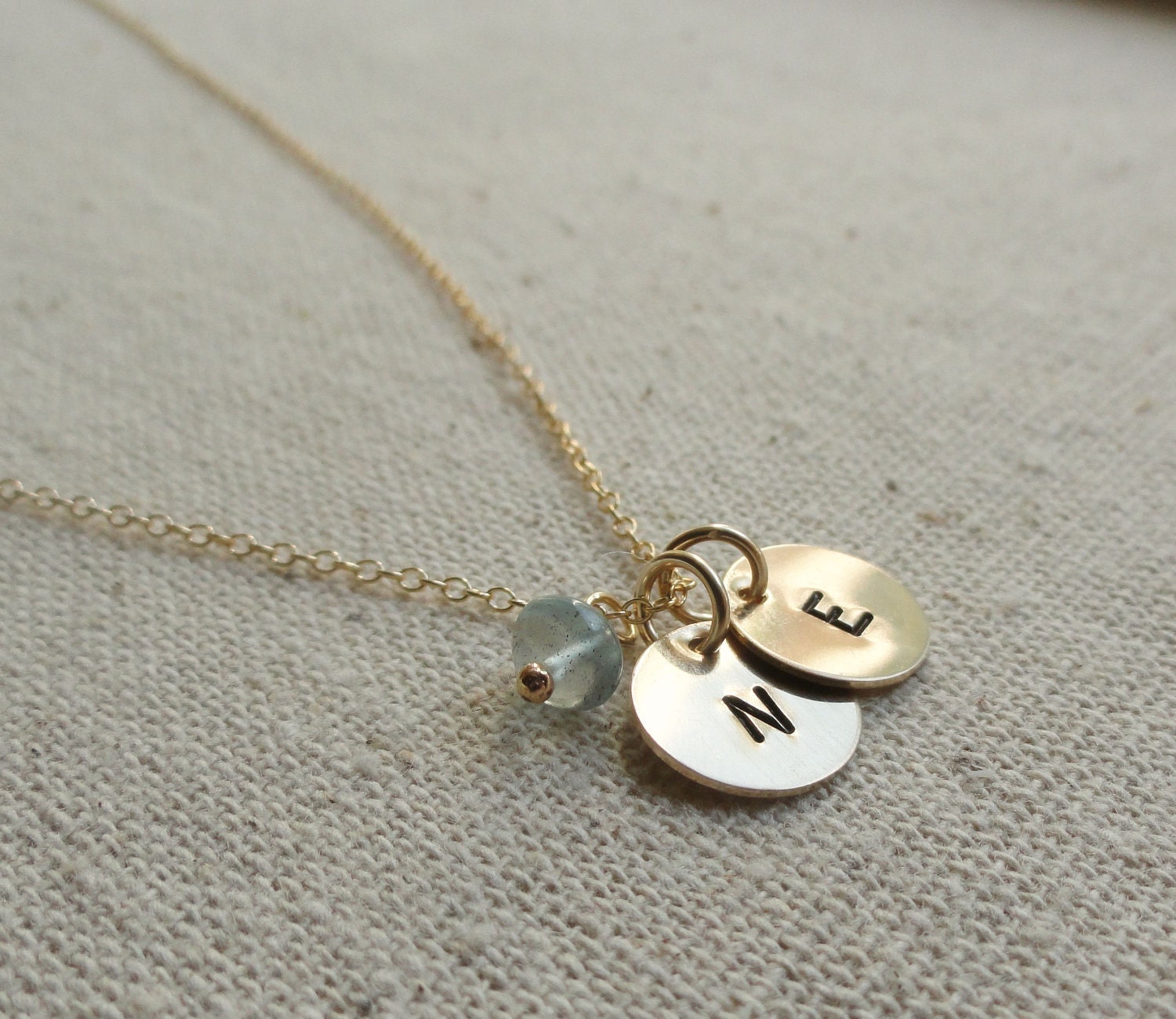 CUSTOM Gold charm Necklace, Personalized Birthstone & Two Initial disks, Best Friends, Husband Wife, children, family