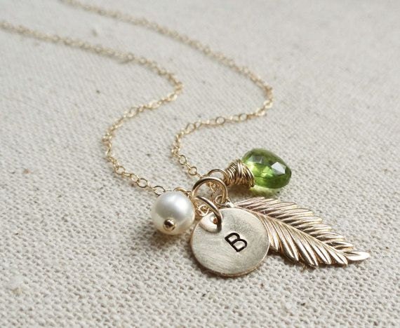 Personalized Gold Leaf Birthstone & Initial Necklace, Golden Feather, Pearl, Peridot, Bridesmaid Gifts, Letter charm, fall wedding