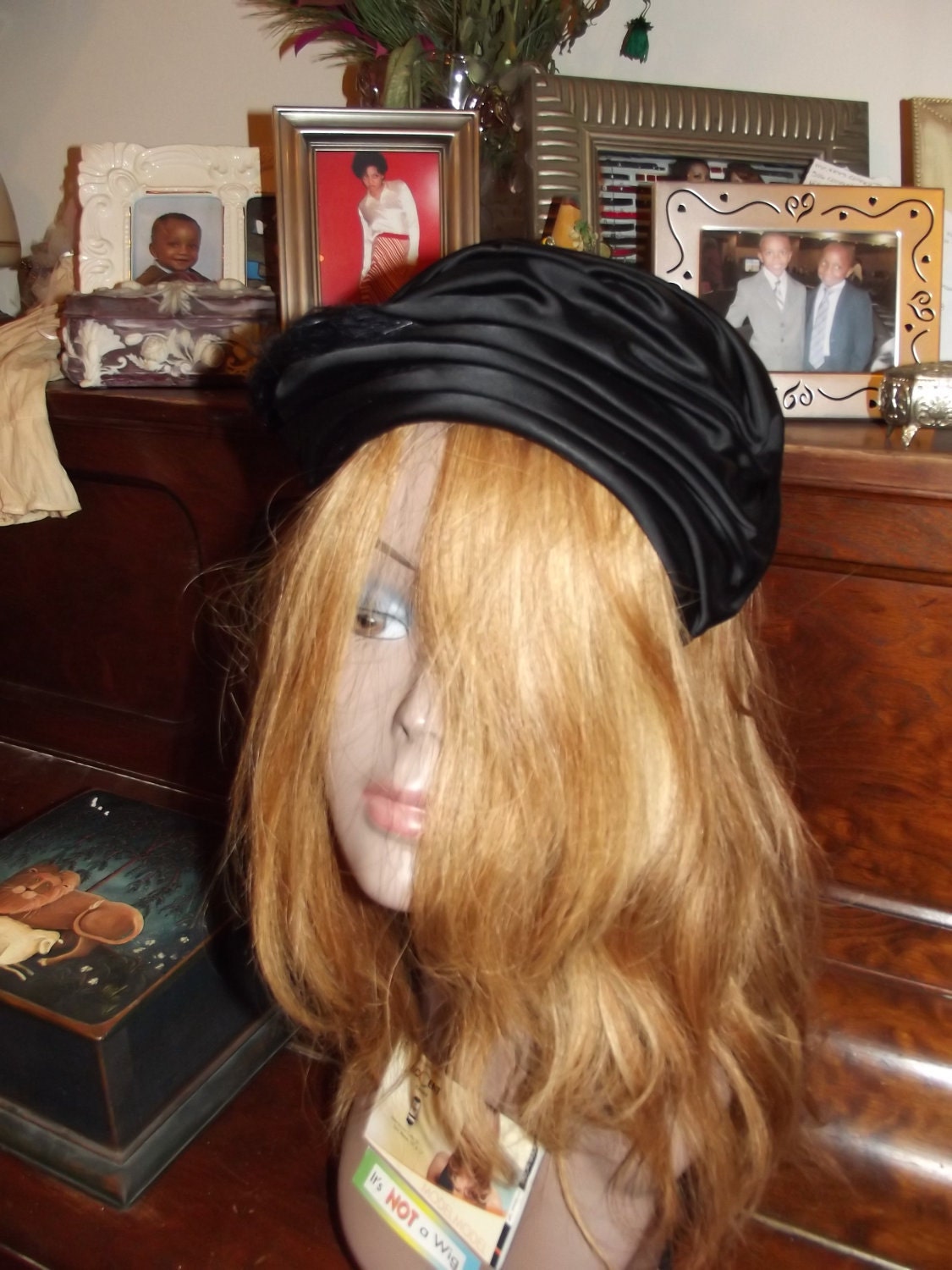 Exclusively Doree Black Satin Rhinstone Feather Cap Hat
