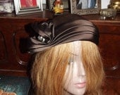 Brown Felt Satin Bow w Rhinestone Broche