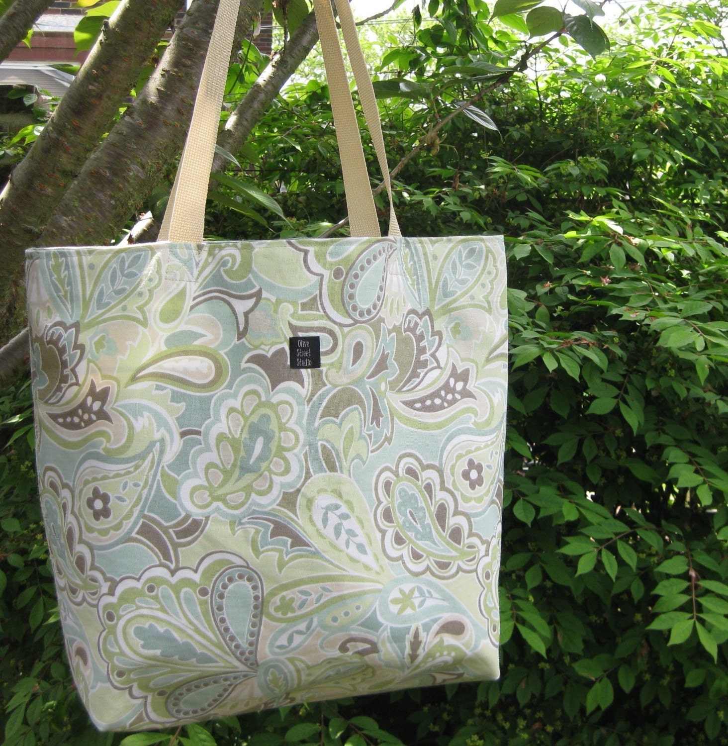 Beach Bag large tote or for Diapers, books, bridesmaid gift in soft blue, tan, green beachy paisley fabric