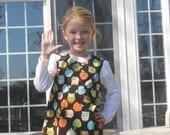 Corduroy Jumper in Owl and Apple fabric for girls back to school fall season clothes brown teal blue green red