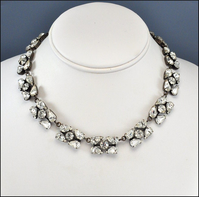 Deco Rhinestone Necklace Geometric Crystal Vintage 1940s Costume Bridal Wedding Jewelry