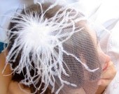 White Ostrich Feather Birdcage Blusher Veil - READY to ship