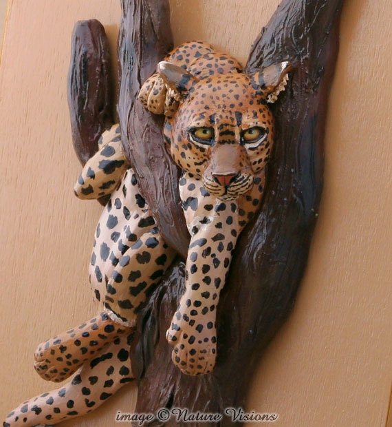 Leopard Art Jewelry Box African Wildlife Sculpture Polymer Clay Animal on Wood Keepsake Box Home Decor - NatureVisions