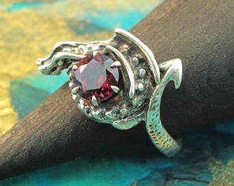 Silver Curled Dragon Ring with Gemstone