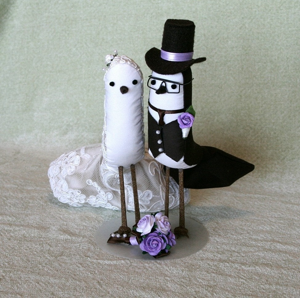 Wedding Cake Topper - Bride and Groom Birds in elegant alencon fabric