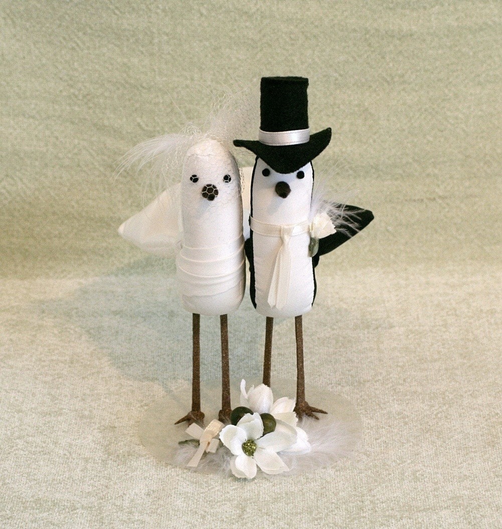 Bird Cake Topper  -  Custom Made Bride and Groom Wedding Cake Topper - Birdcage veil and feather accents
