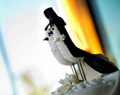 Bird Cake Topper - WeddingCake Topper - Groom with vest and Bride with alencon lace applique