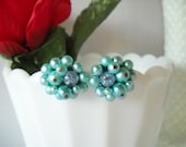 Vintage Earrings Aqua Blue Faux Pearl Clip On Earrings Mad Men Jackie O