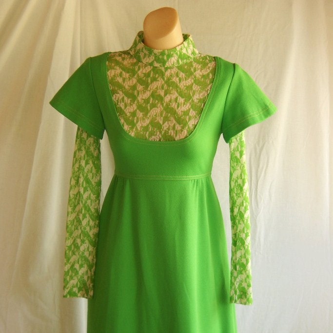 Vintage Gown Bright Green Dress Lace Polyester 1970s Gown Prom Wedding Garden Party Retro