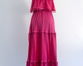 70s Pink prom Tiered Ruffle Boho Hippie Gypsy Prairie Maxi Wedding Gown Dress . small . SM . medium . D067 .