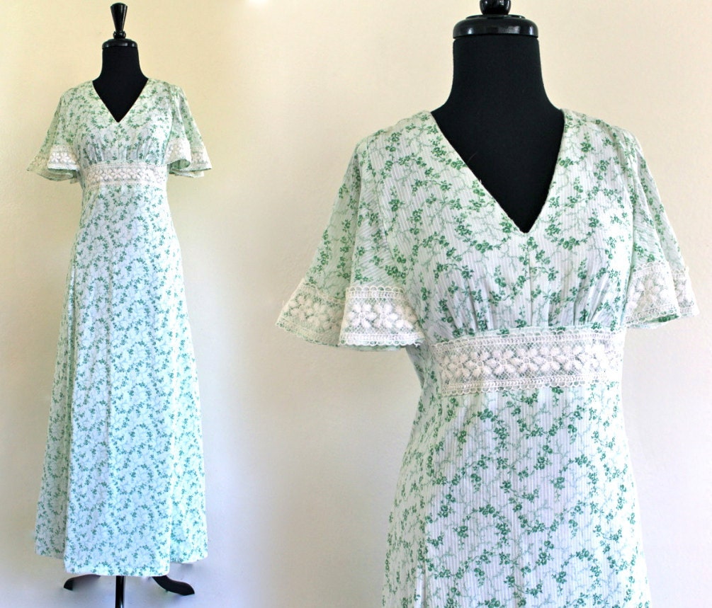 70s Cotton Gauze Lace Boho Hippie Prairie Flutter Empire Goddess Wedding Ethereal Maxi Gown Dress . XS . SM . D131