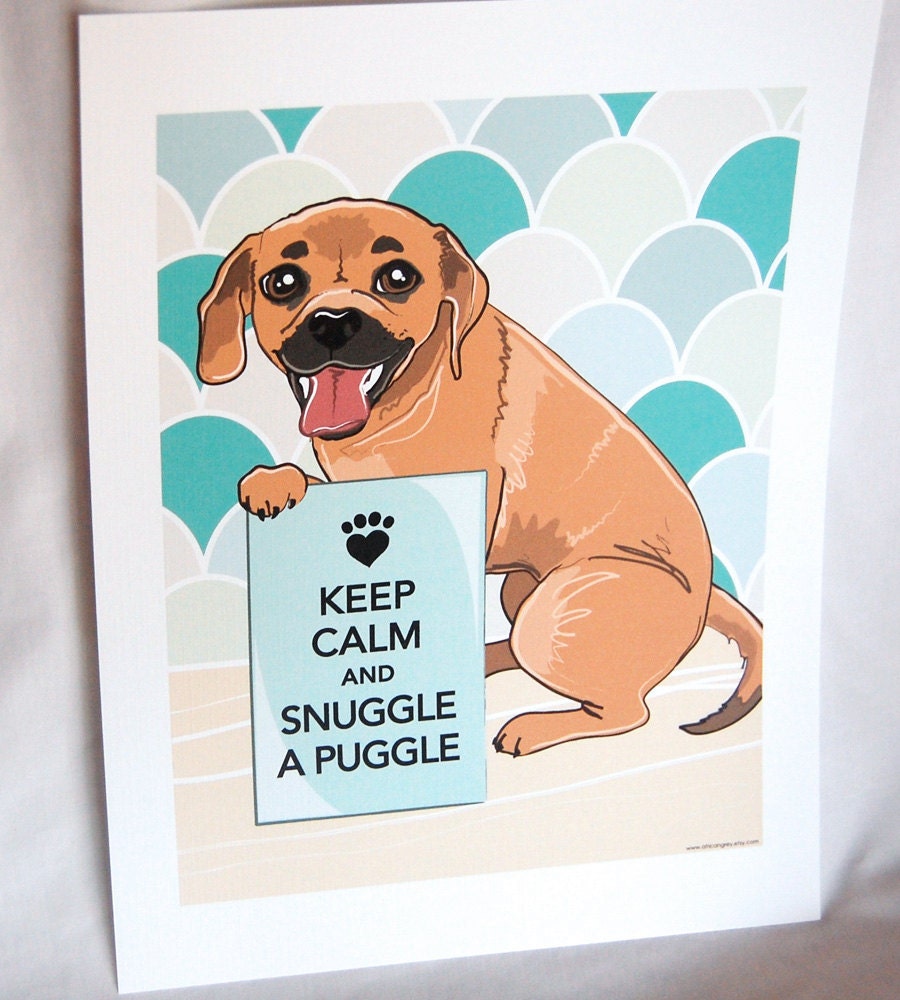 Keep Calm Puggle with Blue-Gray Scaled Background - 7x9 Eco-friendly Print