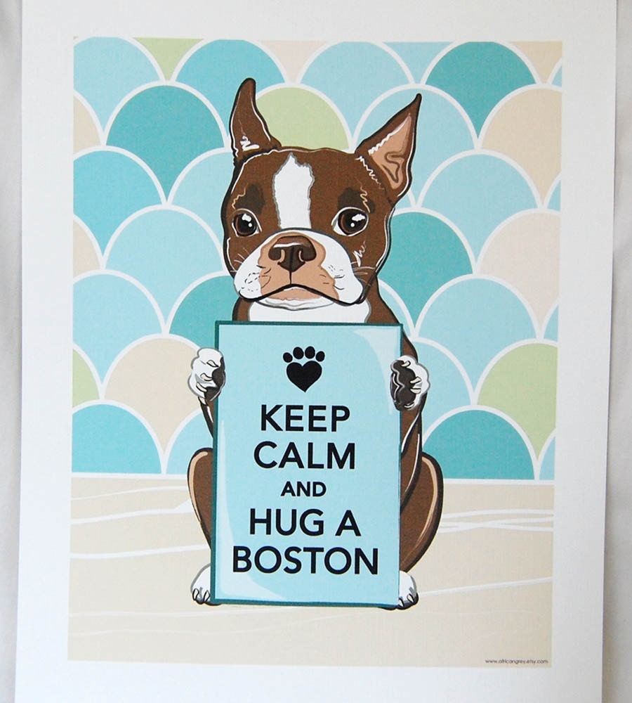 Keep Calm Brown Boston Terrier with Scaled Background - 7x9 Eco-friendly Print