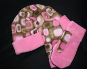 Brown and Pink Dotted Fleece Hat and Mitten Set--in stock and ready to ship--ON SALE