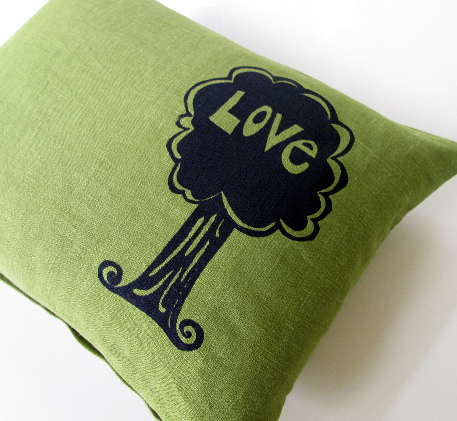 Pillow Cover - Cushion Cover- Denim Blue Love Tree on Olive Linen - 12 x 16