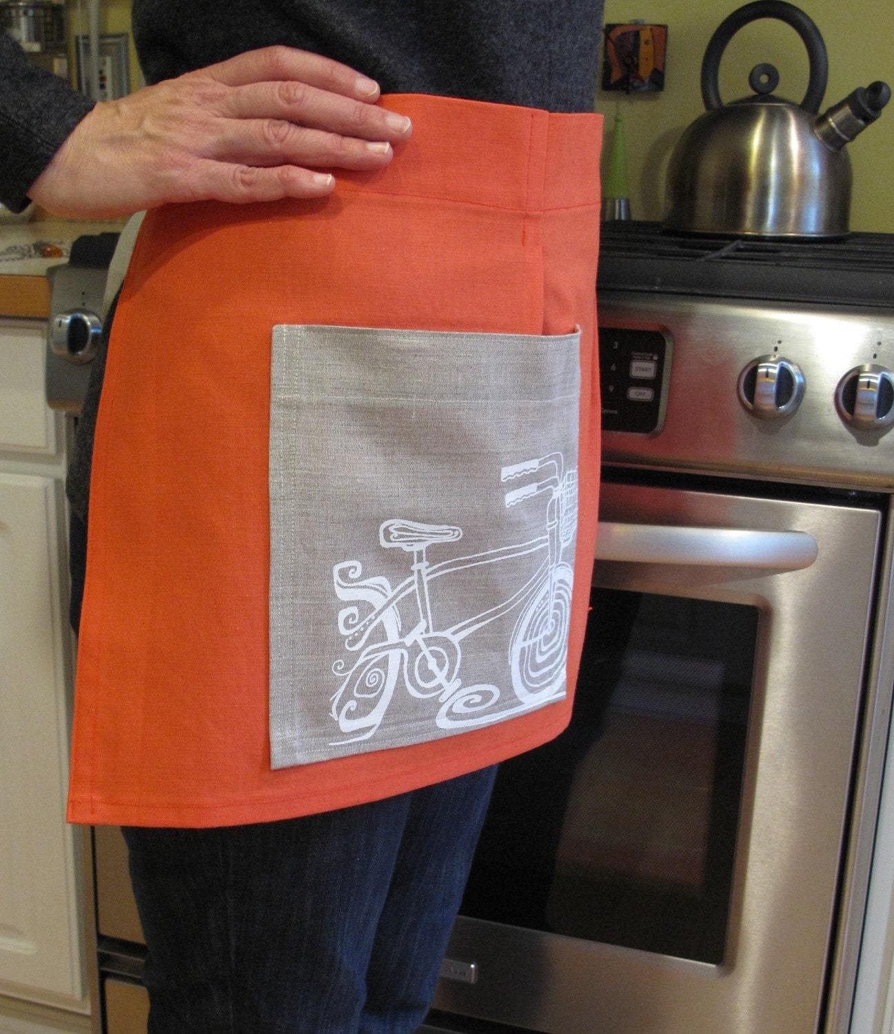 Whimsical Orange Apron with Bicycle Screenprint