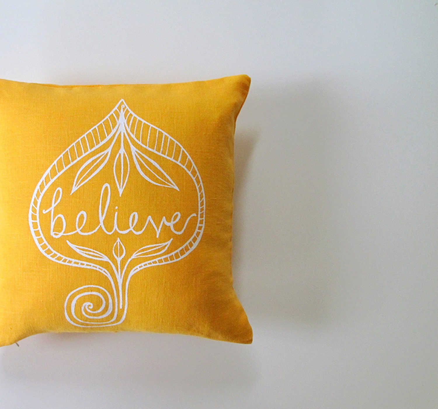 Pillow Cover - Cushion Cover - Believe in White on Mustard Yellow Linen - 12 x 12  inches