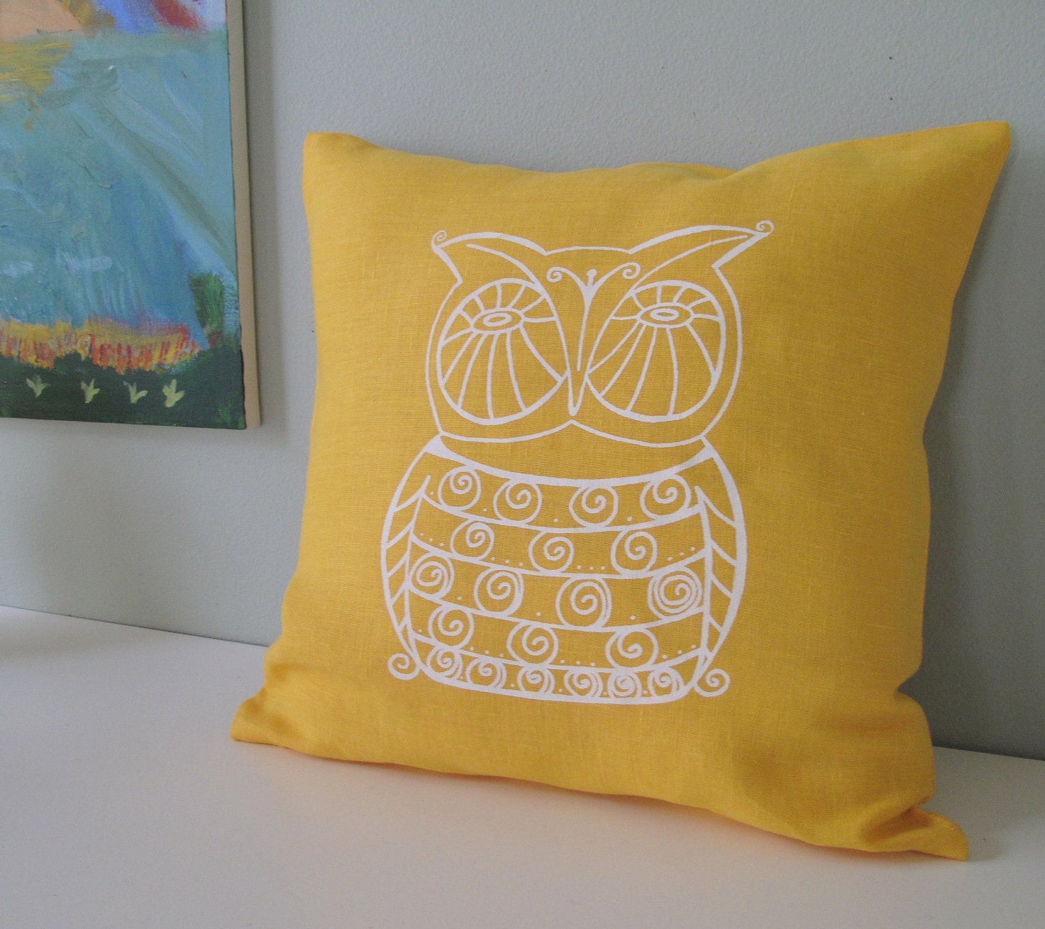 Pillow Cover Cushion Cover Owl on Mustard Yellow Linen 16 x 16 inches