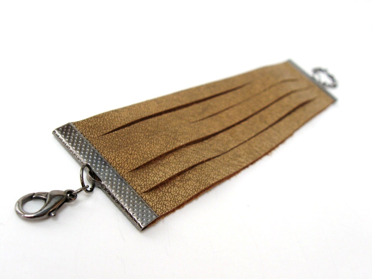 Tan Brown Leather Fashion Cuff Bracelet - with adjustable gunmetal chain - Eco friendly repurposed leather