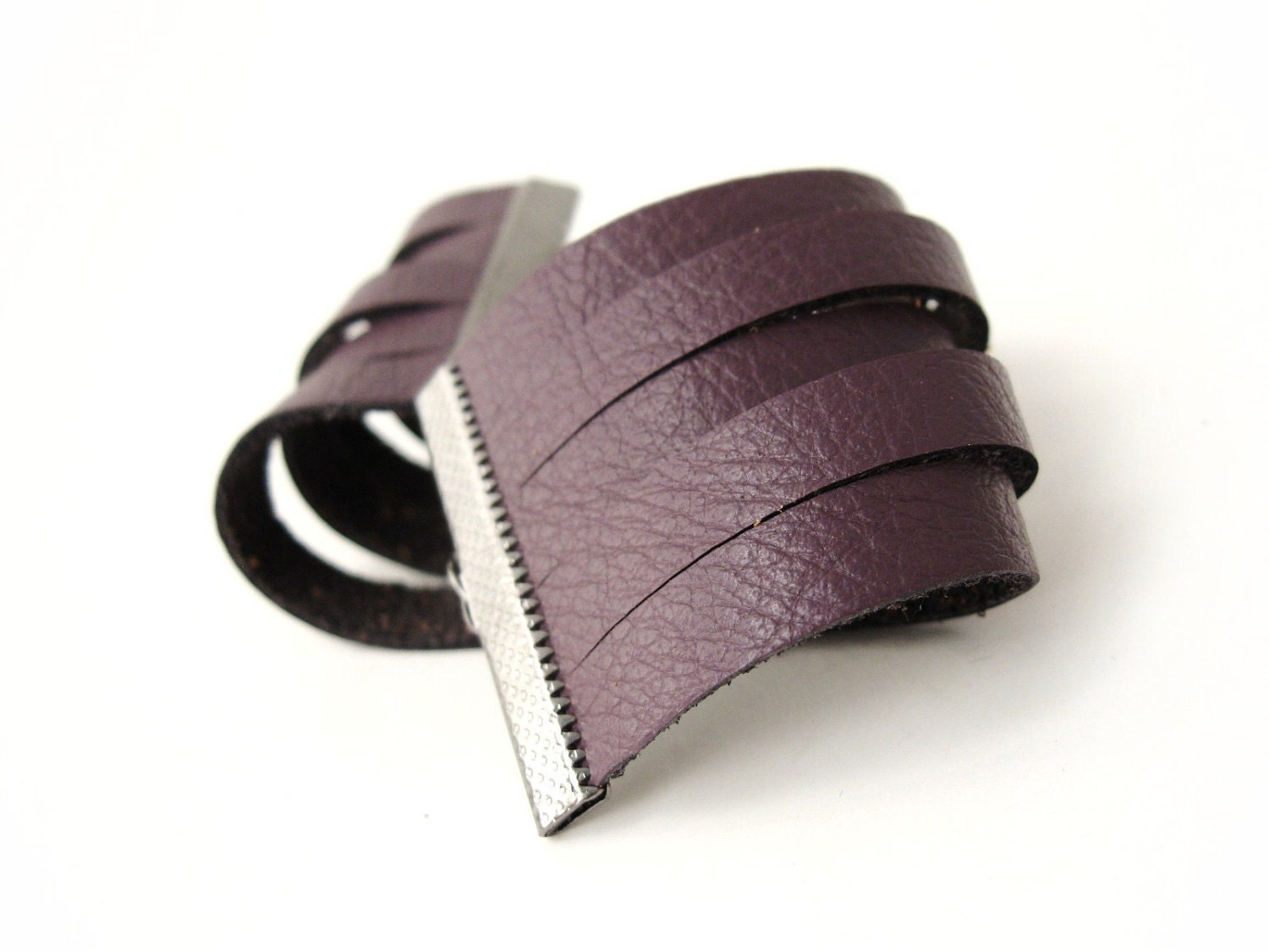 Purple Plum Leather Fashion Cuff Bracelet - with adjustable gunmetal chain - Eco friendly repurposed leather